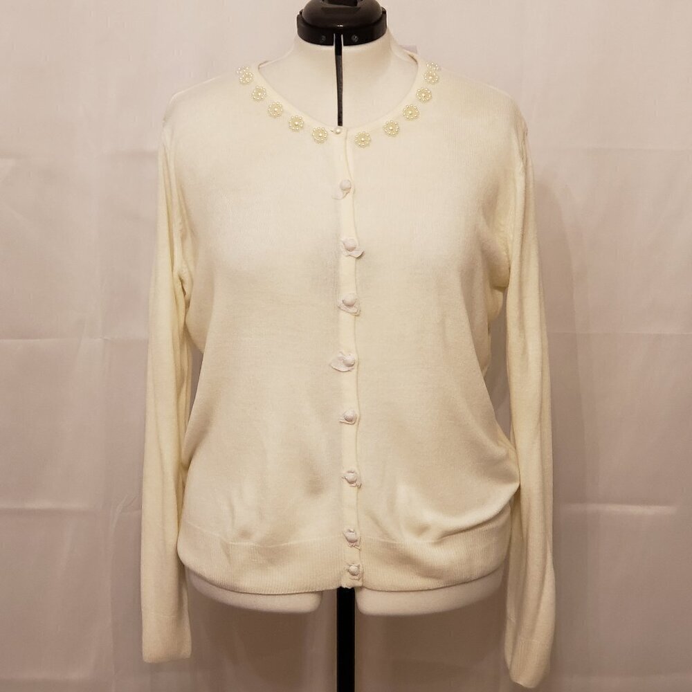 Vintage Appleseed's Cream-Colored Cardigan w/Pearl Accents, Size XL